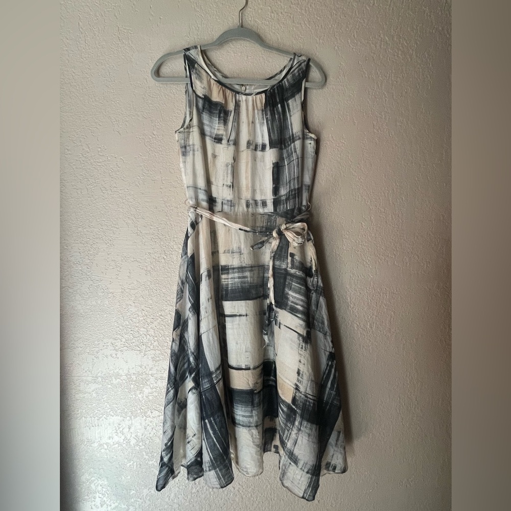 Coldwater Creek Sleeveless Abstract Brushstroke Midi Dress in Cream and Black